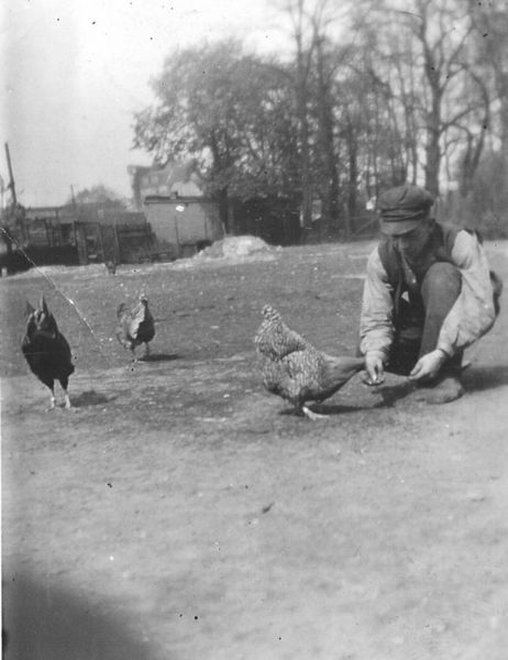 Historisches Foto von Onkel Albert beim Hühnerfüttern